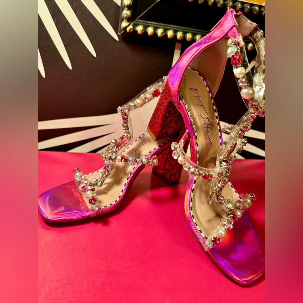 Betsey Johnson Pink and Red Crystal Heels